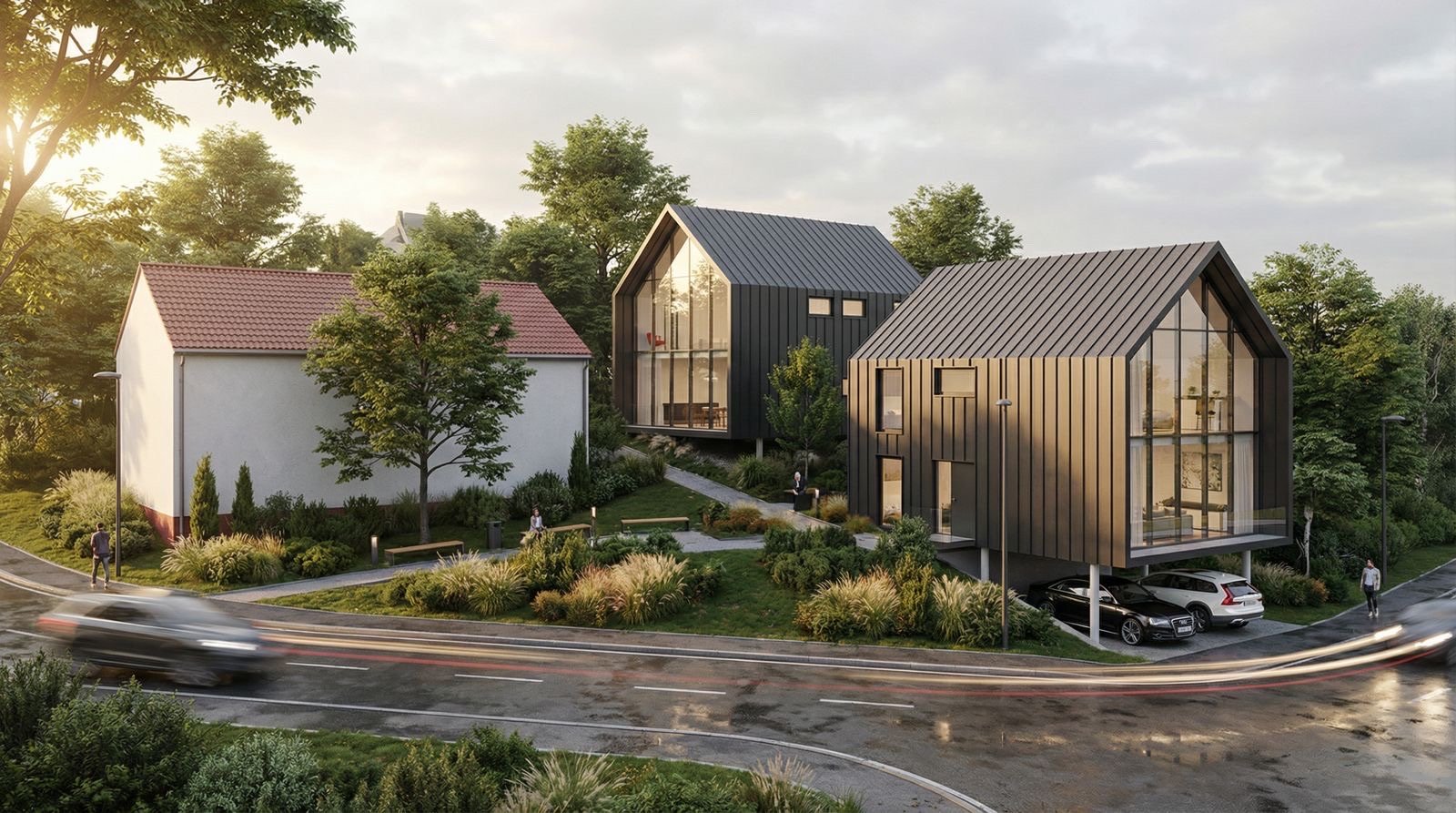 Two houses with dark metal cladding on a sloping site